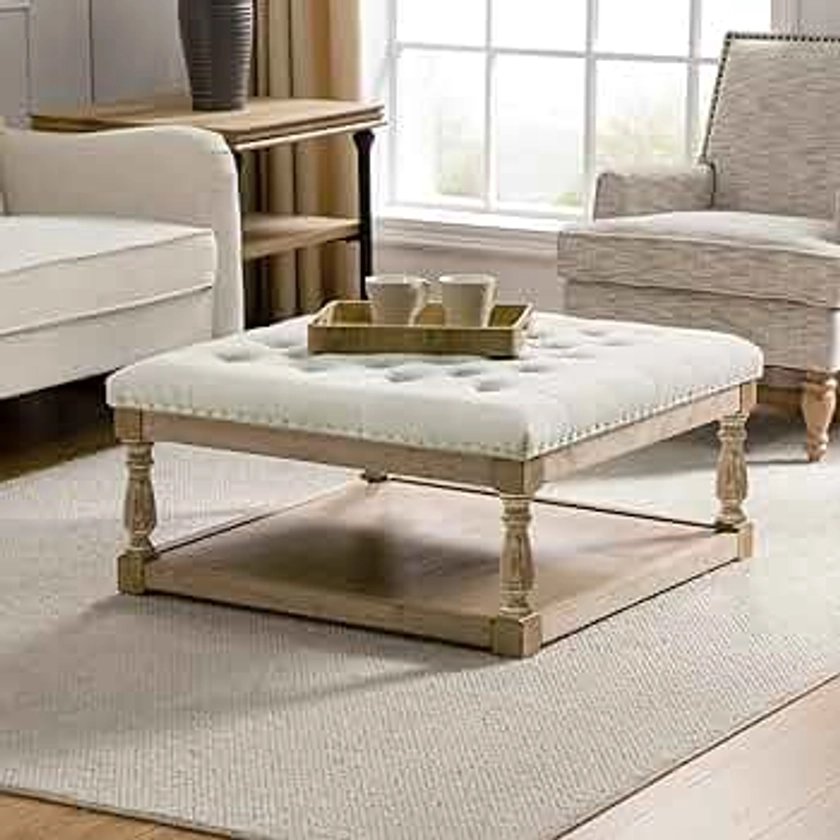 HULALA HOME Large Square Ottoman Coffee Table for Living Room, Button Tufted Cocktail Ottoman with Shelf & Solid Wood Legs, Upholstered Farmhouse Footrest Stool, Beige