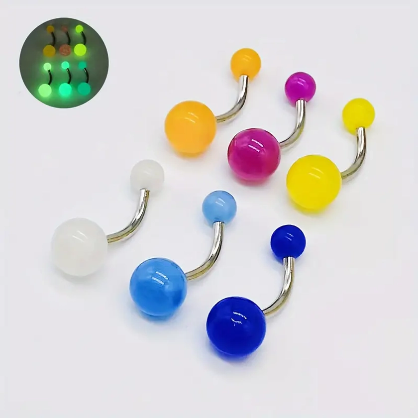 6pcs Colorful Luminous Round Beads Belly Button Ring Set Simple Punk Style Body Piercing Jewelry Set For Music Festival