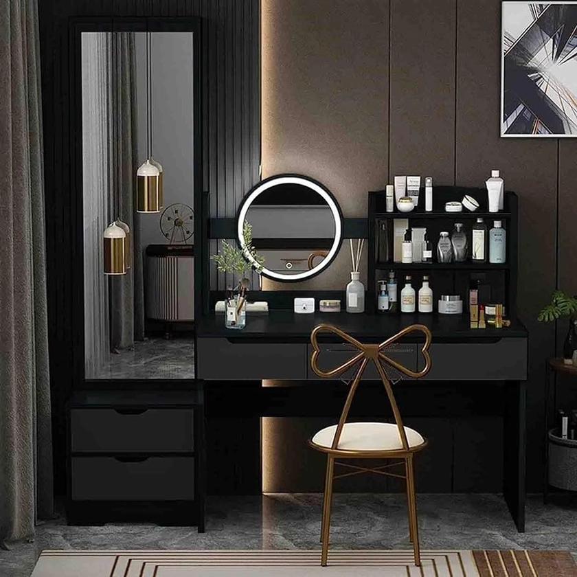 Vanity Desk with Mirror & Light, Four-Shelf Storage Mirror Cabinet & Six Large Drawers, 3 Lighting Modes Adjustable Brightness, Bedroom Dressing Table