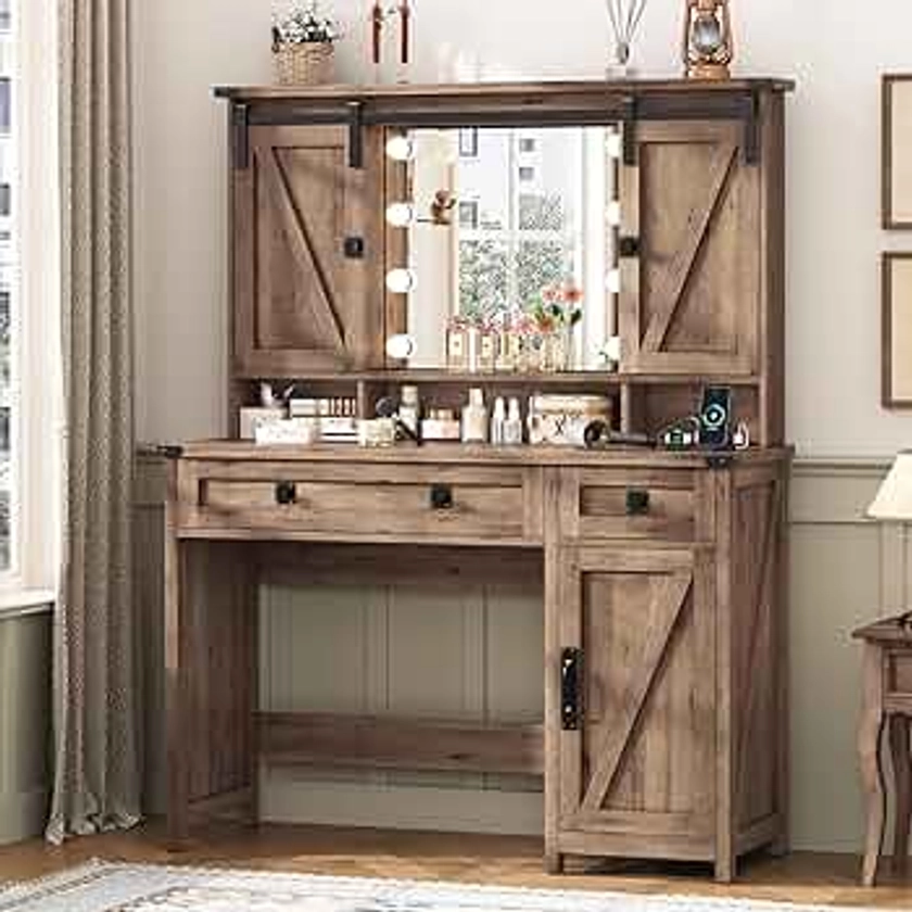 Farmhouse Vanity Desk with Mirror and Lights, 41" Sliding Door Makeup Vanity with Charging Station, Large Vanity Table with Drawers/Shelves/Cabinet Storage, Rustic Oak