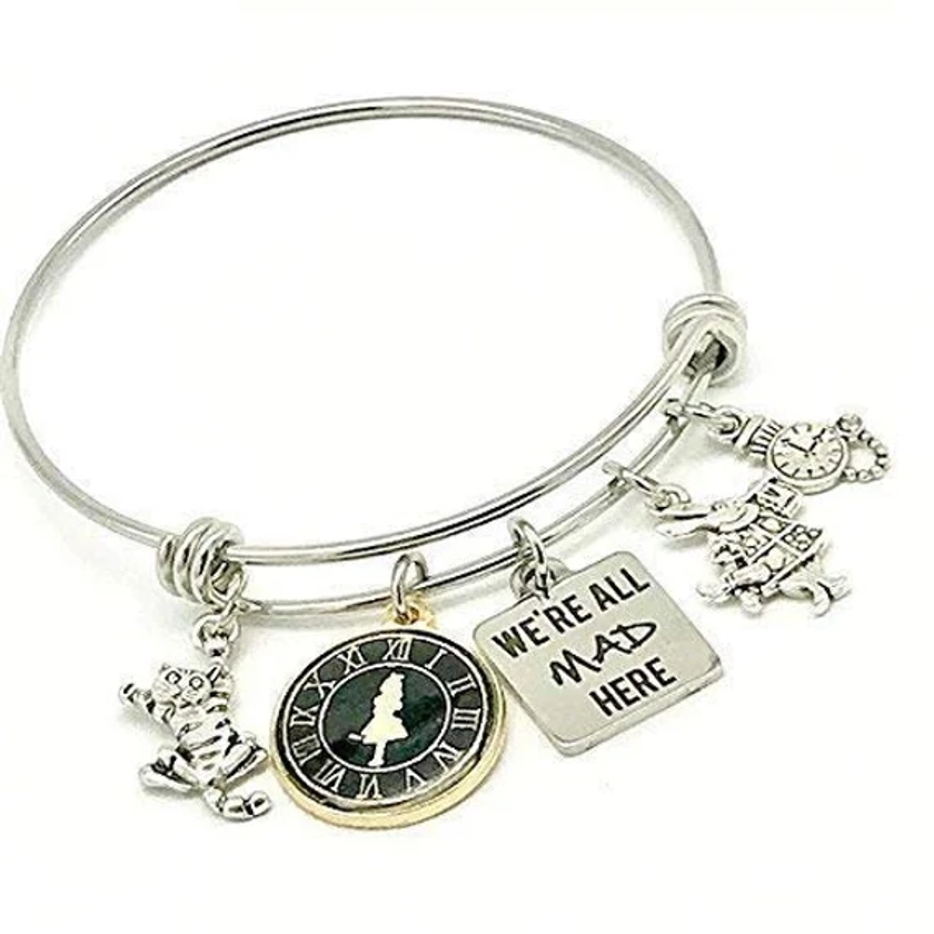 Alice in Wonderland Inspired, We&#39;re All Mad Here Bangle Bracelet, Cheshire Cat and White Rabbit, Gift for Her