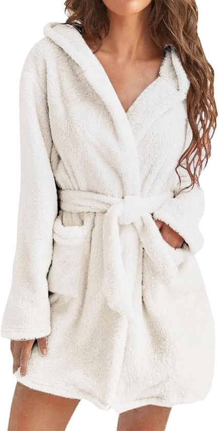 DGZTWLL Womens Bathrobes Robes for Women, Bath Robe Women's Hooded Fleece Bathrobes Soft Plush Sleepwear Fluffy Warm Sherpa Shaggy Bathrobe(A3-White,Small) at Amazon Women’s Clothing store