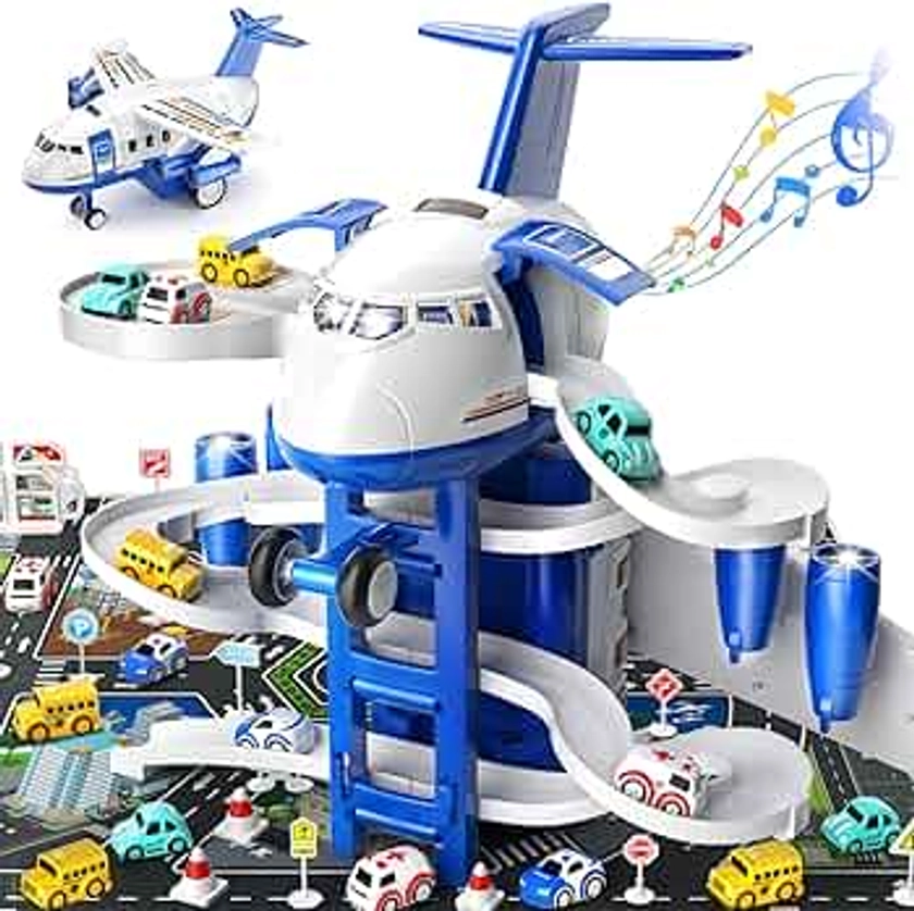 TEMI Kids Aeroplane Toys Race Track Car Toys for 3 4 5 6 7 Boys - Transformed Plane Garage Adventure Toys with 8 City Cars for Toddler Age 2-6, Parking Lot Playmat, Gift for Children