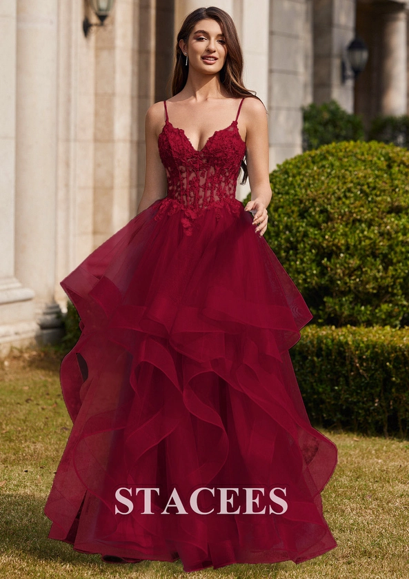 A-line Princess Tulle Prom Dress V Neck Sweep Train with Appliqued Beading Ruffles S7754P - Prom Dresses - Stacees.co.uk