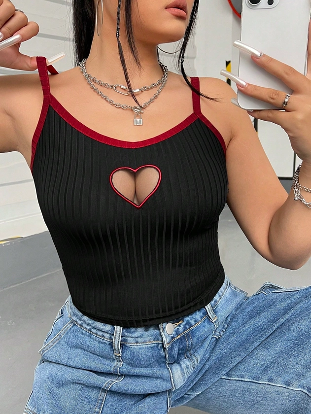 SHEIN EZwear 2024 Spring/Summer Plus Size Women's Hollow Out Mesh Heart Shaped Camisole With Embroidery For Valentine's Day