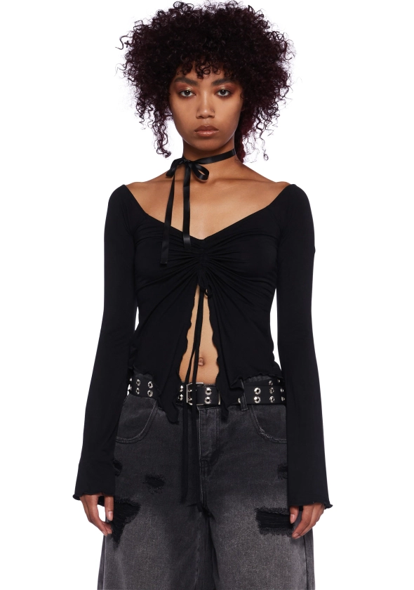 Current Mood Ruched Bust Handkerchief Hem Long Sleeve Top - Black