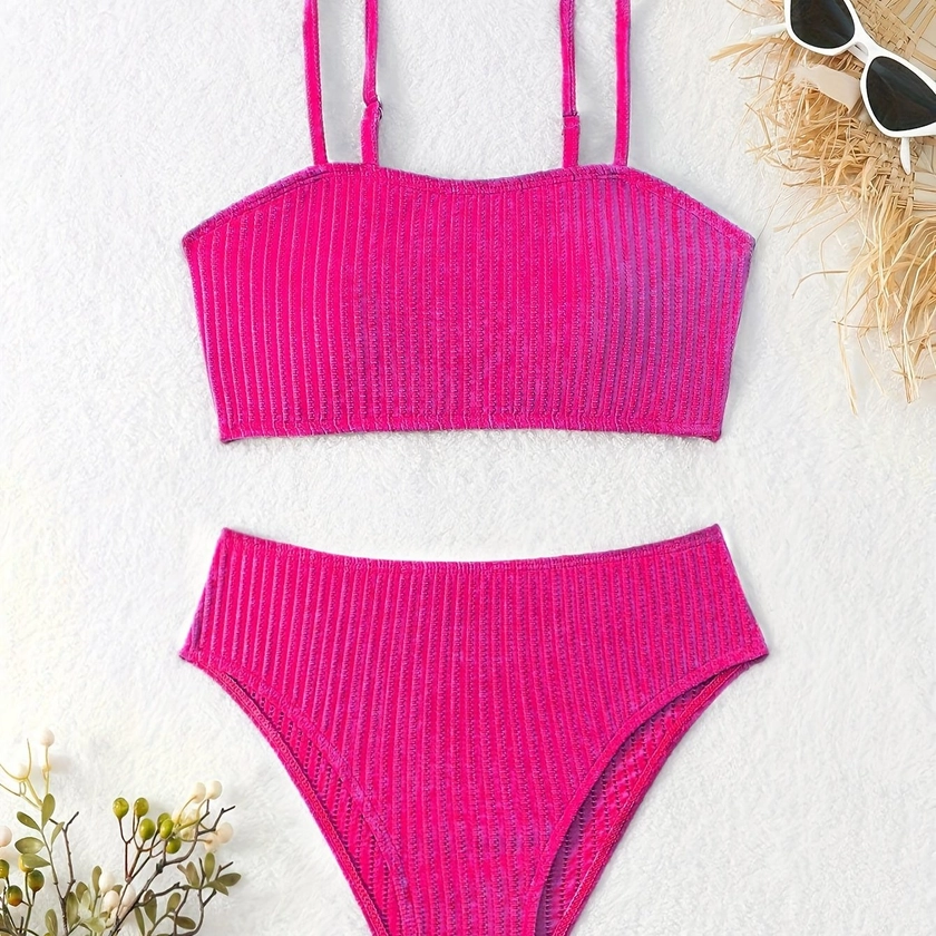 Solid Color Neon 2 Piece Set Bikini, Spaghetti Straps High Cut Swimsuits, Women&#39;s Swimwear &amp; Clothing