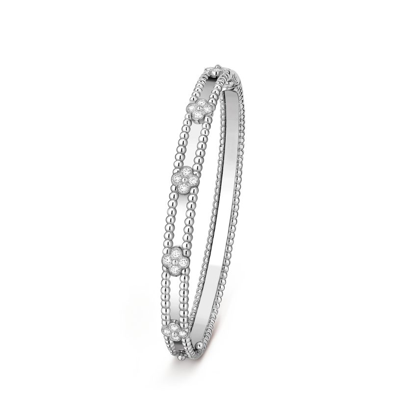 Perlée sweet clovers bracelet, medium model 18K white gold, Diamond - Van Cleef & Arpels