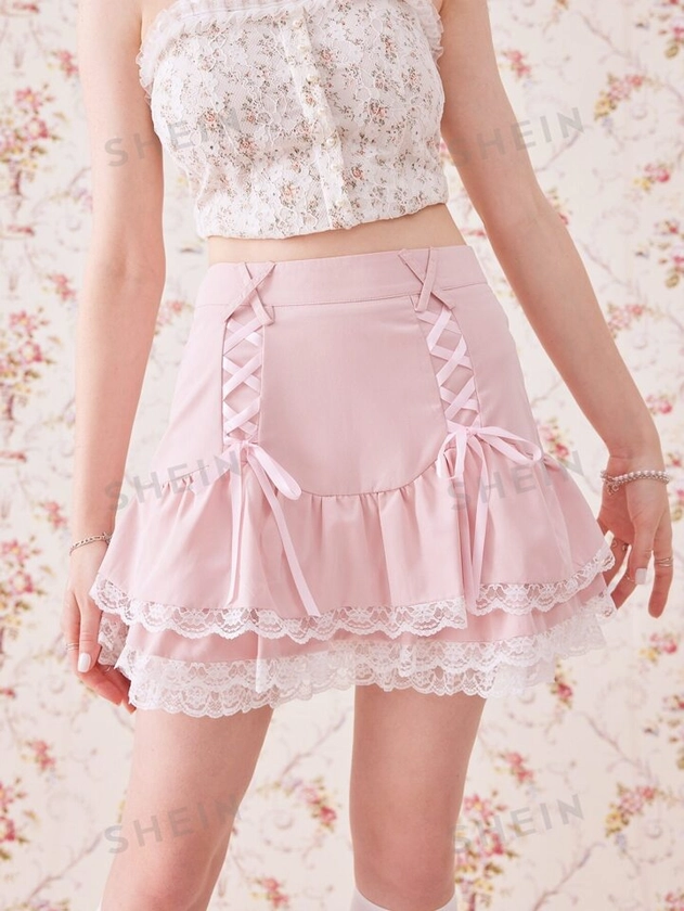 ROMWE Kawaii Solid Lace Up Lace Trim Skirt | SHEIN USA