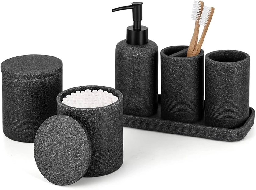 zccz Black Bathroom Accessory Set 6 Pieces - Bathroom Organiser with Tootbrush Holder, Lotion Soap Dispenser, Vanity Tray and 2 Qtip Holders - Modern Bathroom Decor - Bathroom Accessories Set