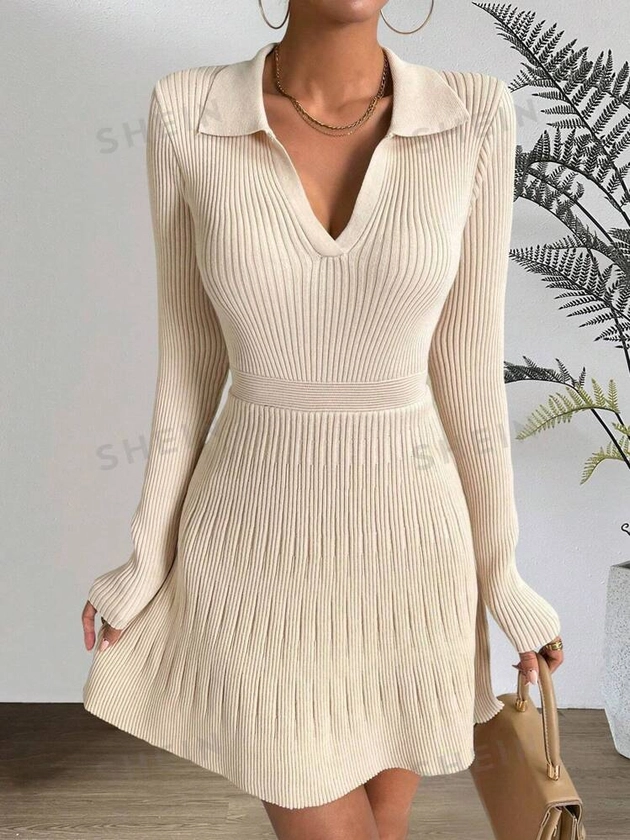 SHEIN Essnce Solid Ribbed Knit Sweater Dress