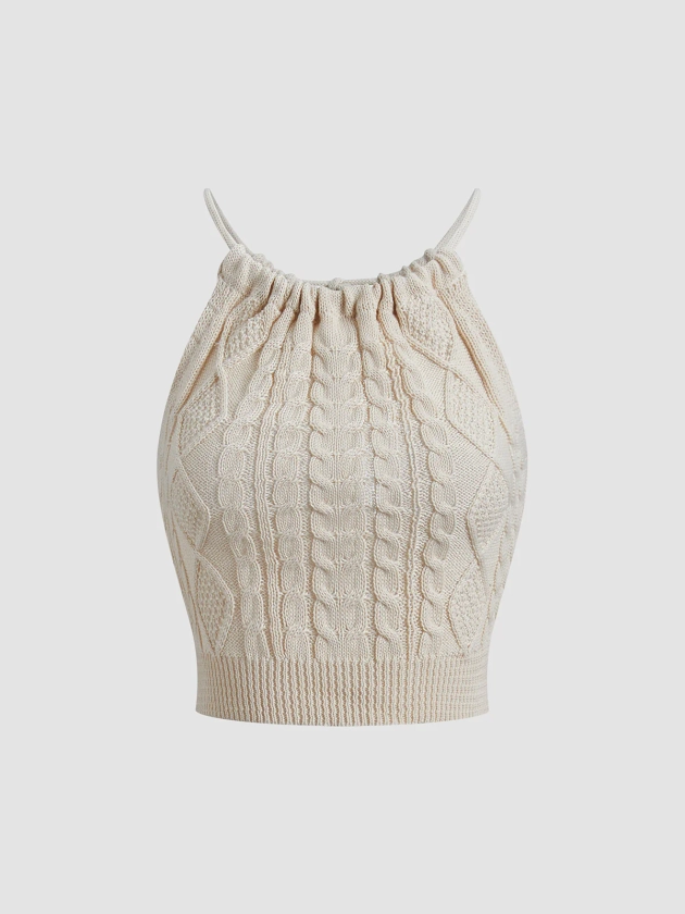 Drawstring Open Back Cable Knit Halter Crop Top