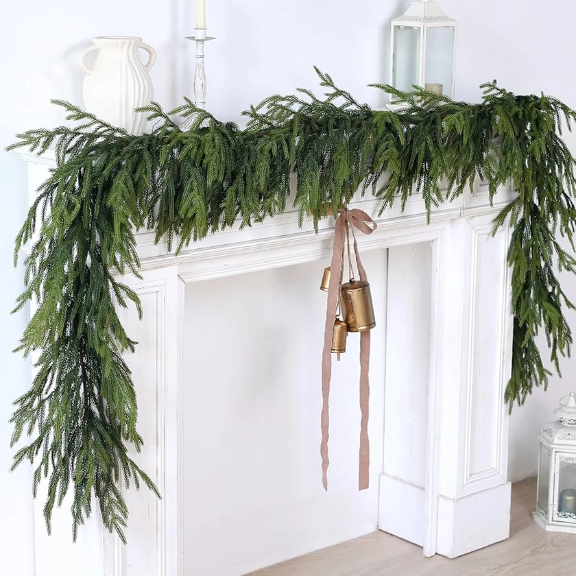 Artificial Christmas Garlands- Real Touch Norfolk Pine Garland Faux Greenery Fake Garland for Holiday, Fireplace, Mantle, Indoor Decor (1 Pcs,16 Feet)