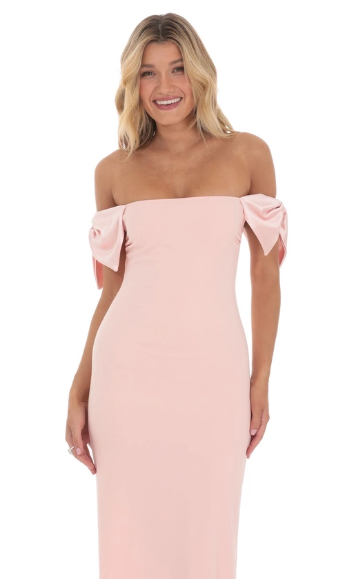 Off Shoulder Bow Sleeve Maxi Dress in Pink | LUCY IN THE SKY