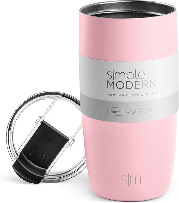 Simple Modern Travel Coffee Mug Tumbler with Flip Lid | Reusable Insulated Stainless Steel Cold Brew Iced Coffee Cup Thermos | Gifts for Women Men Him Her | Voyager Collection | 16oz | Blush