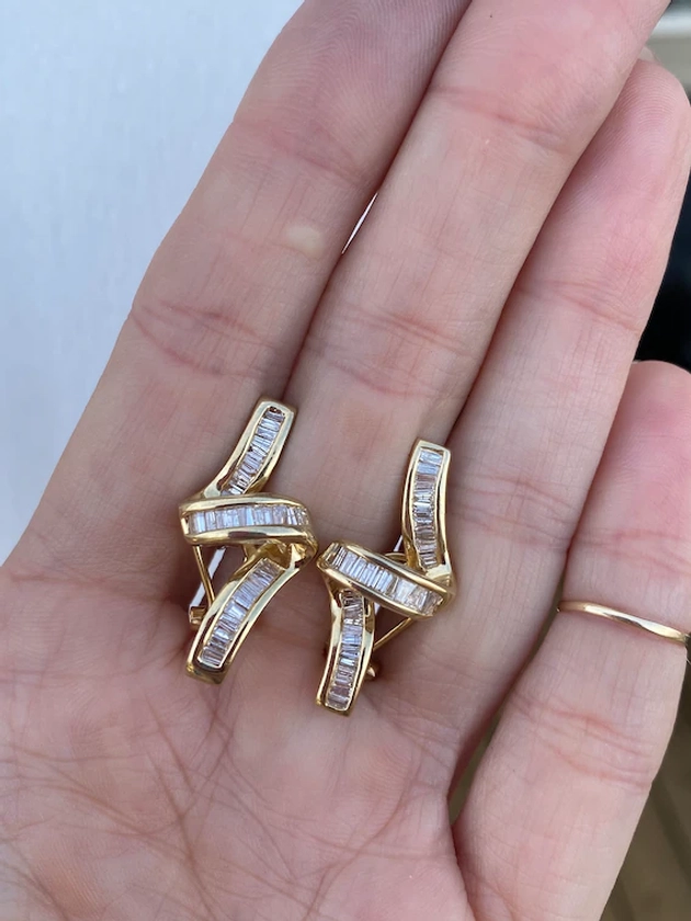 Baguette 2ct Ribbon Channel Set Diamond Drop Omega Back Earrings 14k Yellow Gold