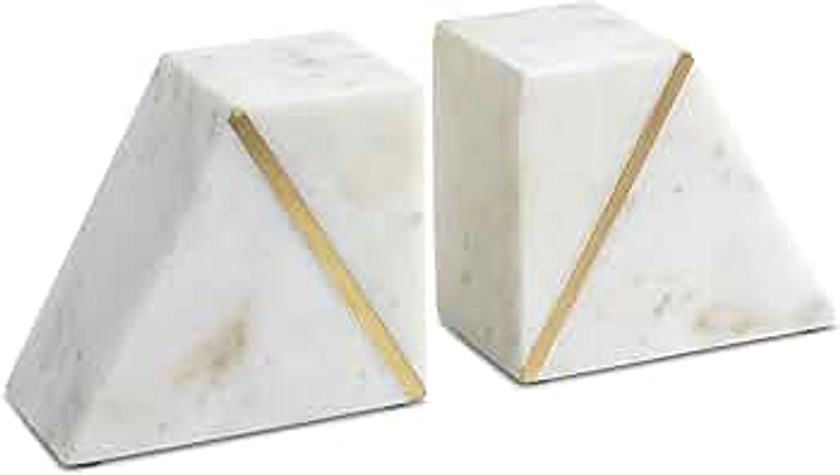 Cork & Mill Marble Book Ends for Shelves, Decorative Bookends for Heavy Books, Unique Mid Century Modern White and Gold Bookends with Brass Inlay, Heavy Duty Bookshelf Stopper, Set of 2