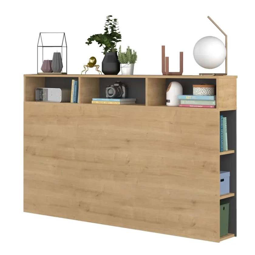 Tête de lit avec niches de rangement en bois clair et gris