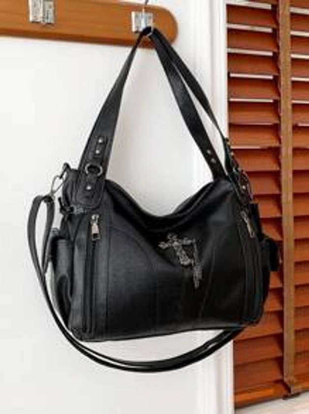 Xiuya Y2k Large Capacity Shoulder Bag, Black PU Leather Cross Tote, American Punk Goth, Fashion, Simple Designer Tote