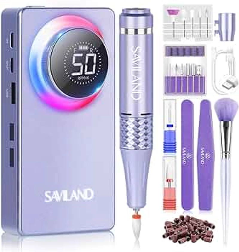 SAVILAND 50000RPM Nail Drill for Acrylic: 2024 Pro High Tech Fast Removal Electric Nails Drill Kit 6000mAh Rechargeable Machine Professional Drill Bit Nail File Buffer Tools Salon Manicure Pedicure