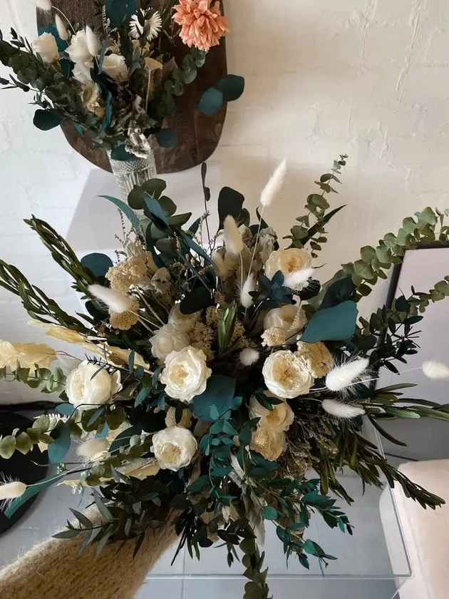 Dried Flowers Bridal Bouquet - Forest Green & White