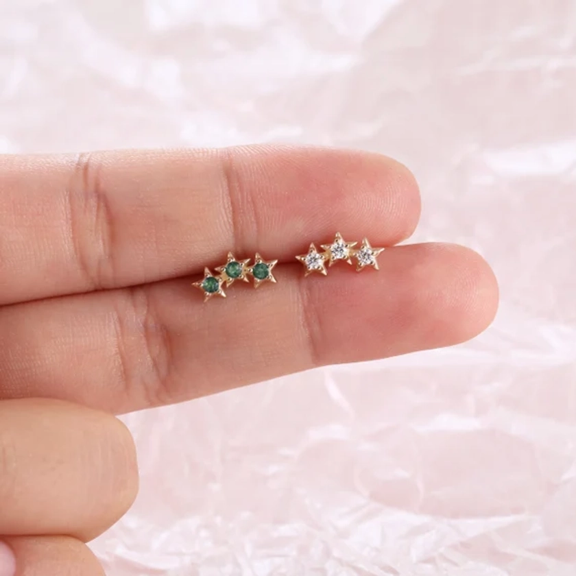 14K Solid Gold Star Moss Agate Ear Climbers, Moissanite Cartilage Piercing, Gemstone Threadless Ends Helix Stud, Flat Back Earring