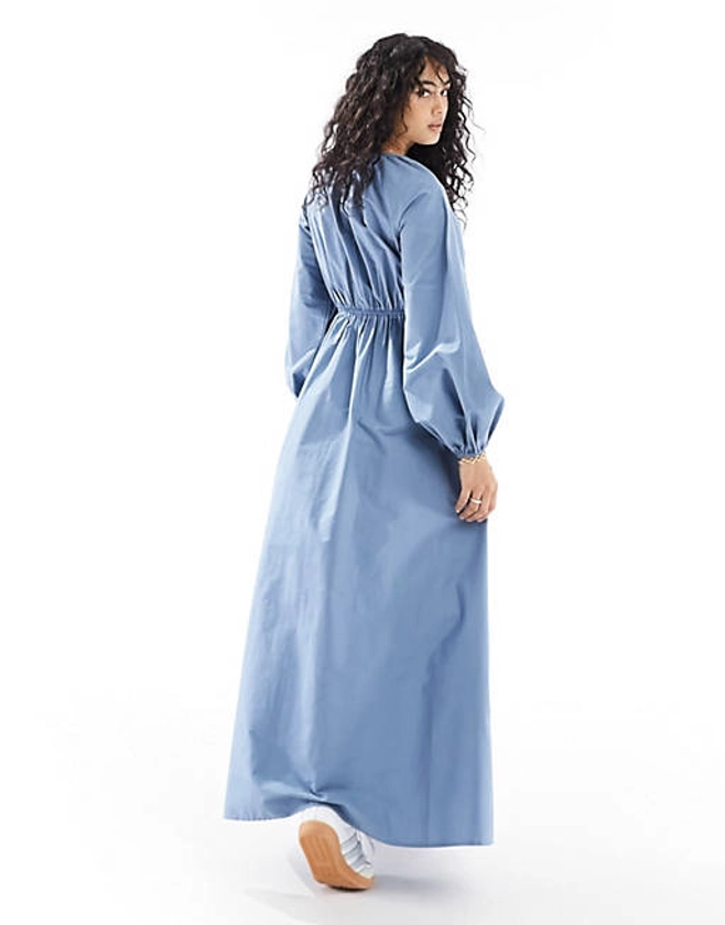 ASOS DESIGN - Robe longue en popeline de coton avec buste froncé - Bleu | ASOS