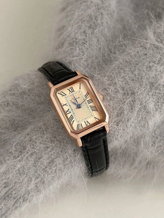 Relógio De Quartzo Vintage Em Couro Preto Com Caixa Quadrada Em Ouro Rosé
