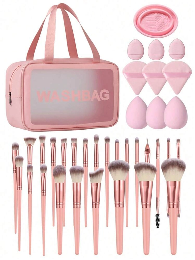 36PCS Makeup Tools Set Including:1pc Multi-Functional Zipper Toiletry And Cosmetic Bag Waterproof+ 25PCS Makeup Brush Sets+3PCS Makeup Sponges+3PCS Triangle Powder Puffs+3PCS Mini Air Cushion Powder Puffs+1pc Makeup Brush Cleaning Tools