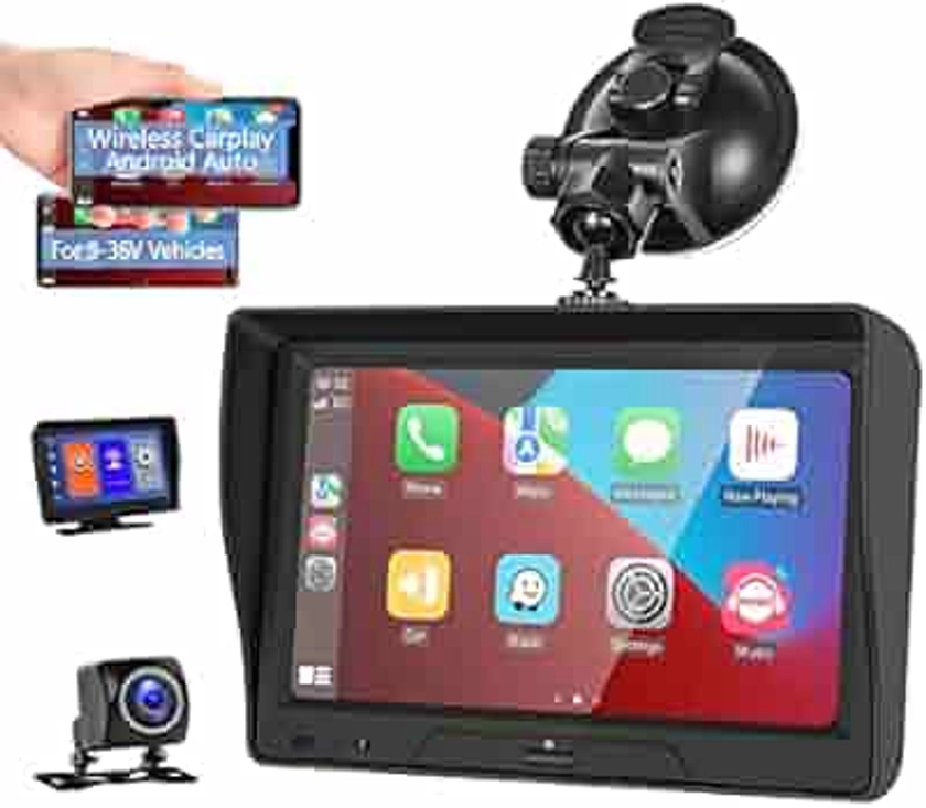 Portable Car Radio Wireless Carplay Android Auto Touchscreen Car Stereo, with Dash Cam and Backup Camera, 7 Inch HD Multimedia Player with Bluetooth GPS MIC FM TF Card