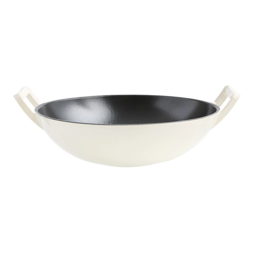 Black and Ivory Dual Handle Enameled Cast Iron Wok