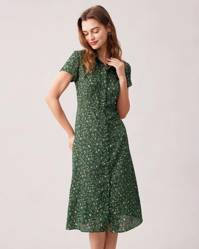 The Green Lapel Button Up Floral Midi Dress - Green Dress With Buttons Down The Front, Short Sleeve Casual Dress - Green - Dresses | RIHOAS