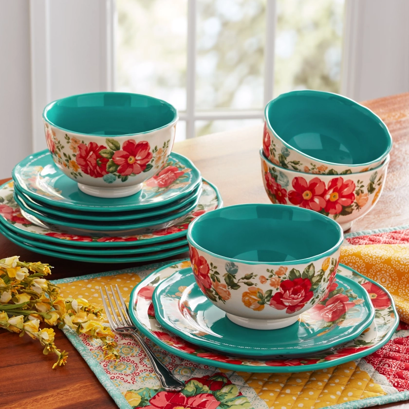 The Pioneer Woman Vintage Floral 12-Piece Dinnerware Set, Teal