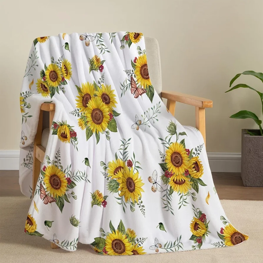 Sunflower Gifts for Women, Sunflower Butterfly Throw Blanket Super Soft Flannel Throw Blanket Lightweight Fluffy Plush Fuzzy Bed Blanket for Bedding Sofa and Travel 50"X60"