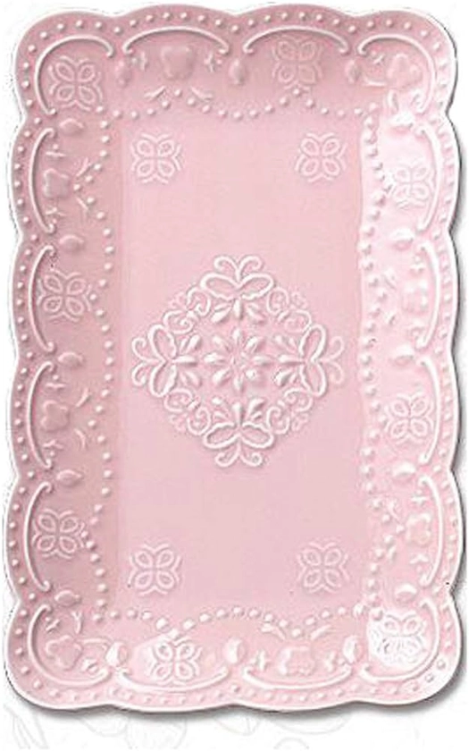 YBK Tech Elegant Rectangle Embossed Lace Plate Bone China Dessert Plate Ceramic Plate for Breakfast Afternoon Tea (Pink, 10-inch)