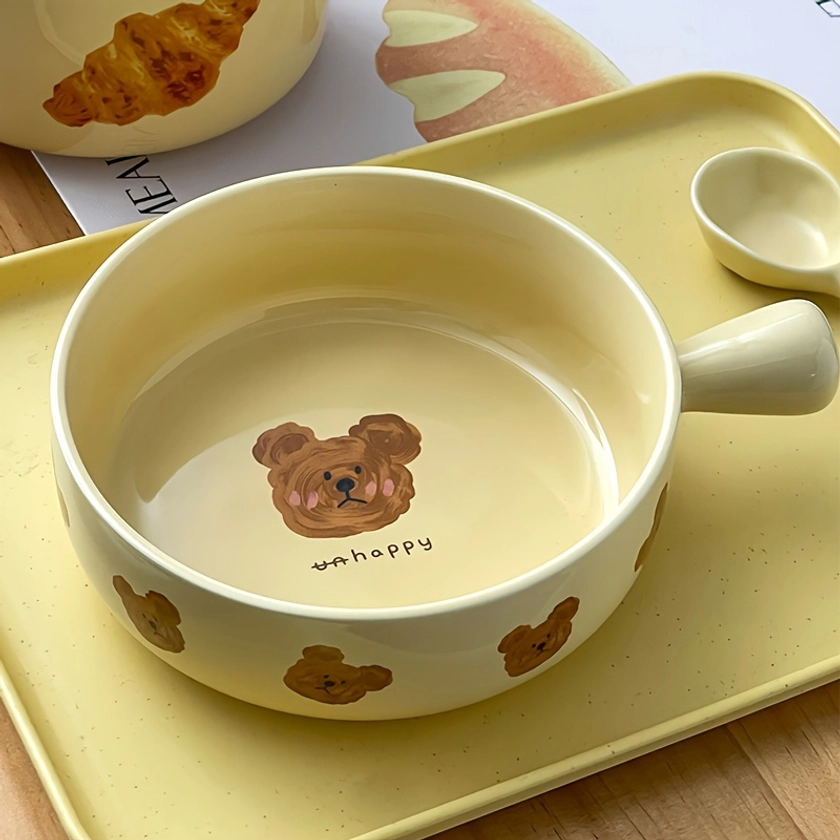 1pc Ceramic Bowl With Handle, Creamy Bear Printed Ceramic Plate, Creative Soup Bowl, Baked Rice Bowl, Fruit Salad Bowl, For Home Kitchen Restaurant, K