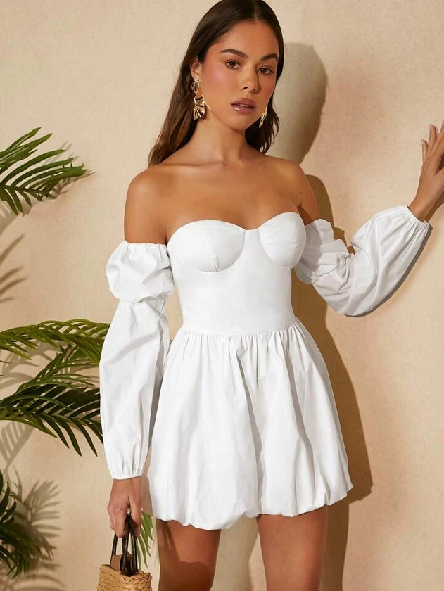 SHEIN Haute Fall Women Clothes, White Dress Solid Color Off Shoulder Lantern Long Sleeve Corset With Bubble Skirt, For Daily Wear, Dates