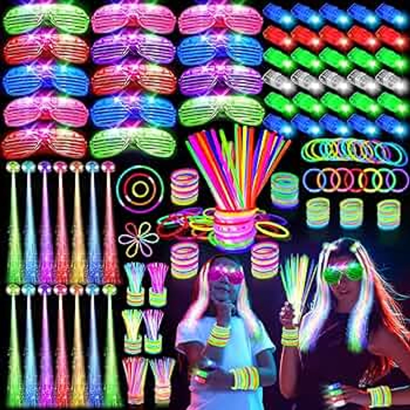 SHQDD 158 PCS Glow in the Dark Party Supplies,14PCS LED Glasses, 30 LED Finger Lights, 14 LED Light Hairs and 100PCS Glow Sticks Bracelets for Glow Party, New Year, Wedding, Concert, Neon Party Favors