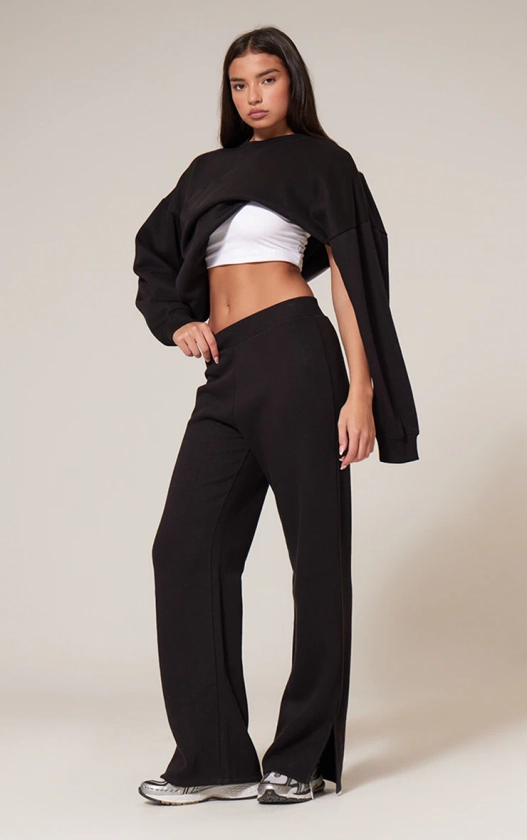 Black Flared Split Hem Sweatpants | Two Piece Sets