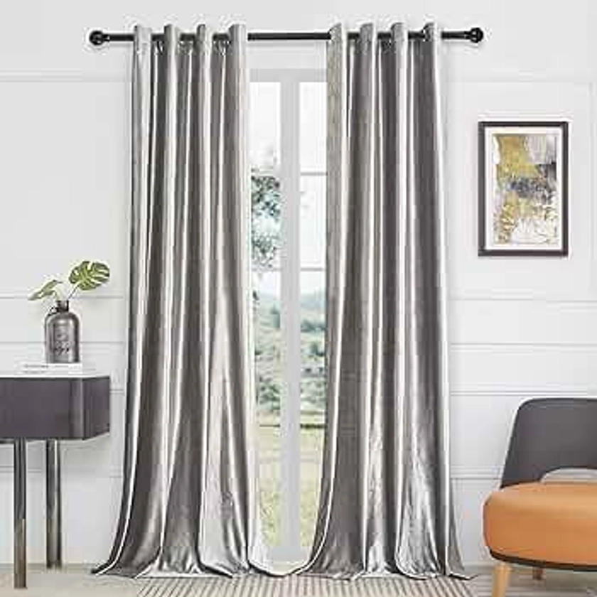 BULBUL Silver Grey Curtains 95 inch Length- Living Room Velvet Blackout Window Drapes Thermal Insulated Room Darkening Decor Grommet Curtains for Bedroom Set of 2 Panels