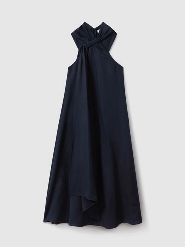 Reiss Navy Cosette Linen Blend Drape Midi Dress