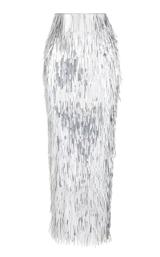 Fringed Foil Midi Pencil Skirt