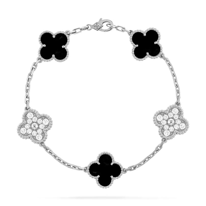 Vintage Alhambra bracelet, 5 motifs 18K white gold, Diamond, Onyx - Van Cleef & Arpels