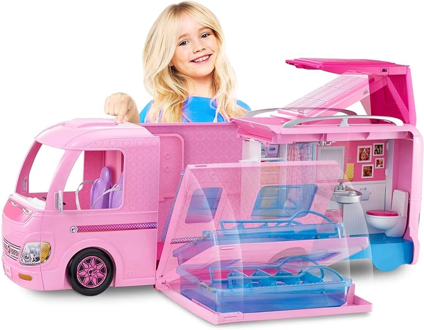 Barbie Camper, Transforming RV Vehicle, Doll Playset with 50 Accessories, Includes Waterslide, 2 Hammocks, Canopy Bed & Fireplace, Dream Camper, for Kids 3 to 7 Years Old, FBR34