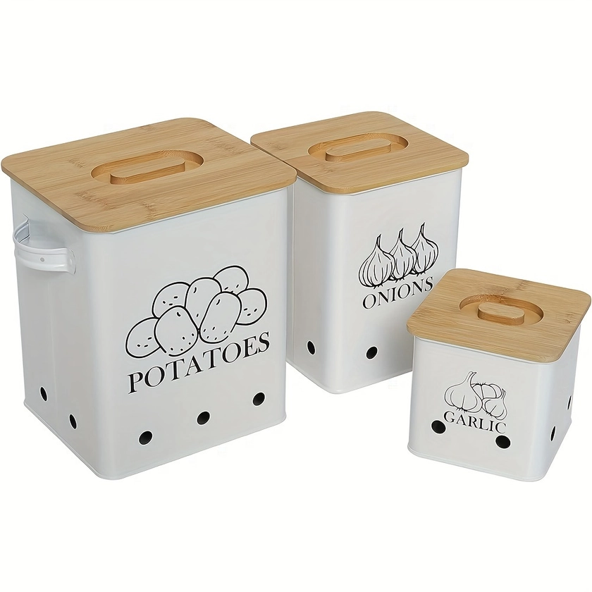 Kitchen Canisters Set, Storage Bin For Potato *n & Garlic, 3 Pack Set Countertop Pots Containers With Wooden Lid - Potato Storage, Garlic Bin, *