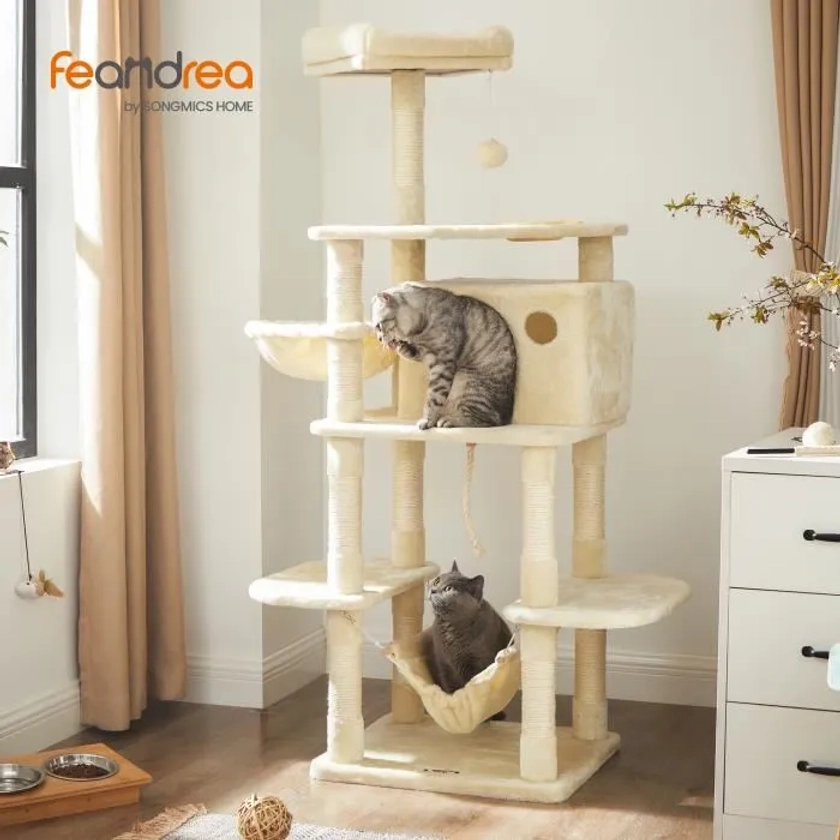 FEANDREA Arbre à chat Hauteur de 164cm Multi-niveaux Avec bol, panier, niche Maison de jeu Meubles pour chatons, Beige