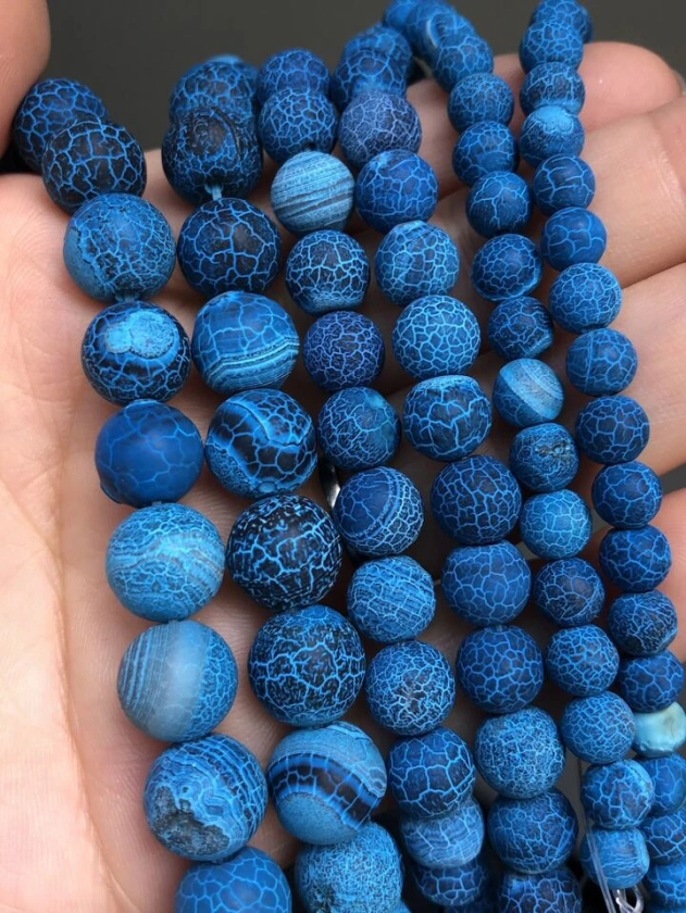 One Strand Of Dark Blue Frosted Oxidized Volcanic Stone Beads For Diy Bracelet & Necklace Making, 6/8/10mm, Length 38cm