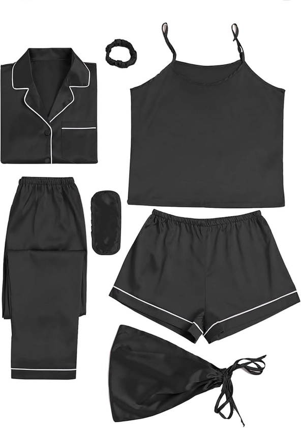 LYANER Women's Pajamas Set 7pcs Silk Satin Sleepwear Loungewear Cami Shirt Pj Set