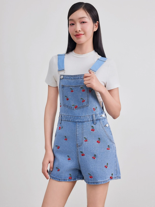 Denim Denim Square Neckline Cherry Embroidery Buckle Up Romper For Daily Casual