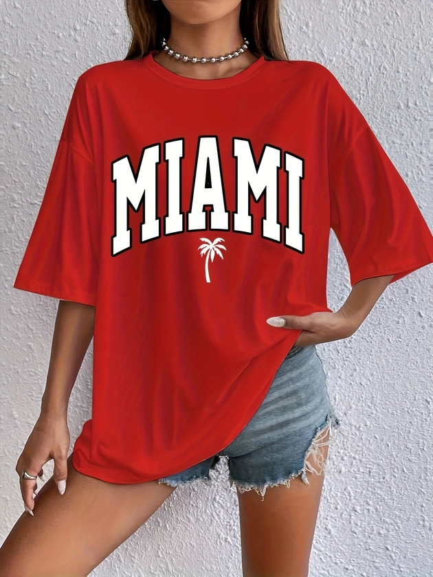 Miami Letter Print Loose Causal Short Sleeves Tops Round - Temu